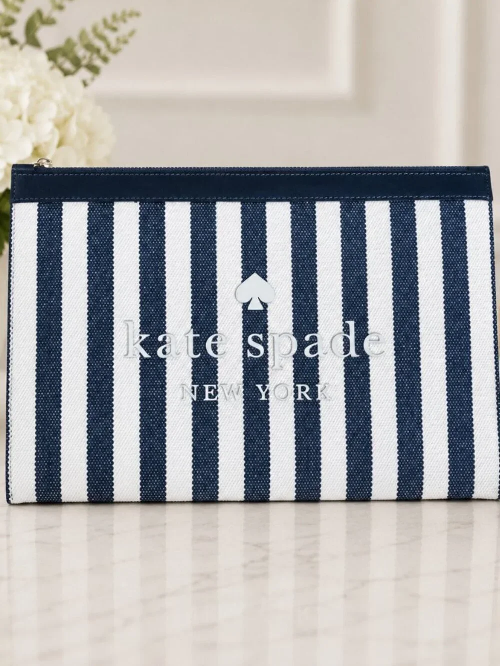 Kate Spade Blue White Stripe Canvas Zip Pouch Leather Trim NWT